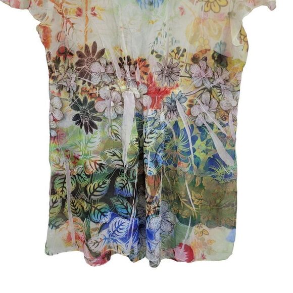 Sheer Baby Doll Top M White Multicolor Floral Puff Sleeve Ruched Fairy Core - Picture 8 of 9